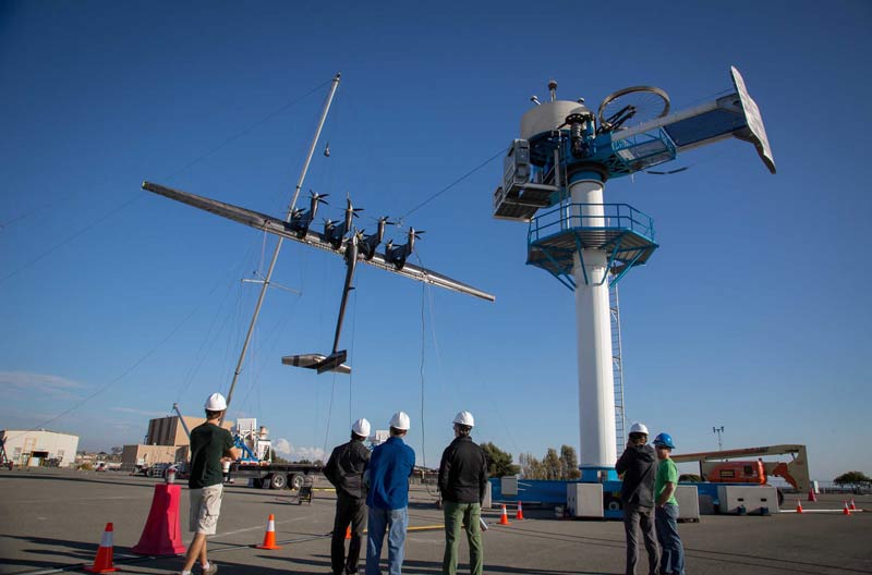 The 600kW energy kite in the Makani Team’s test lot. Image courtesy of Makani / X.