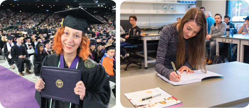 L-Holly Gummelt during the University of Washington Bothell graduation, proudly wearing her Sigma Pi Sigma honor cords. R-Katherine Reyes signs her name in the red book during the University of Washington Bothell inaugural Sigma Pi Sigma induction. 