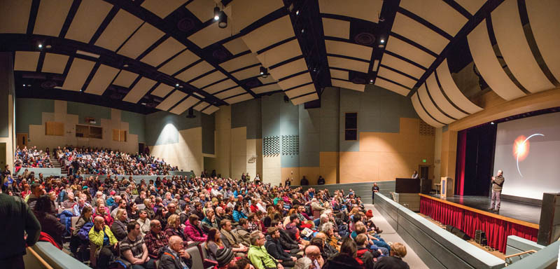 Lawrence Krauss presents to a packed audience in Fairbanks, Alaska.