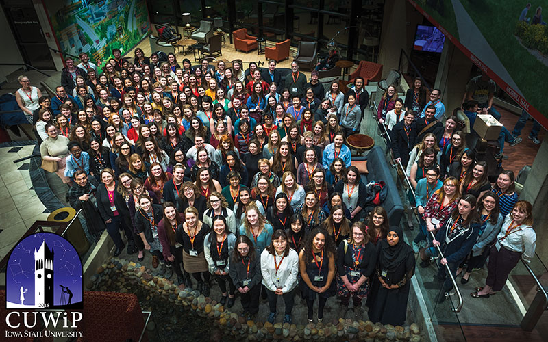 Attendees of the 2018 Iowa State CUWiP pose for a photo in the lobby of the Gateway Hotel in Ames. 