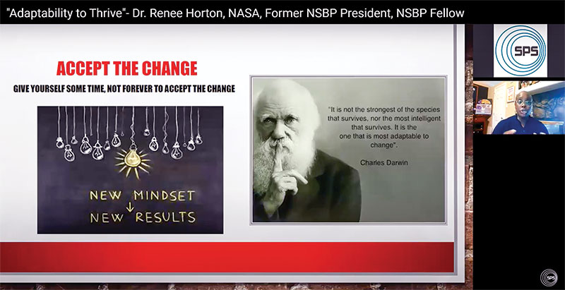 Dr. Renee Horton, NASA, former president of the National Society of Black Physicists (NSBP) and NSBP fellow, gives a virtual colloquium to the SPS community discussing the “Adaptability to Thrive.” Image courtesy of SPS National.