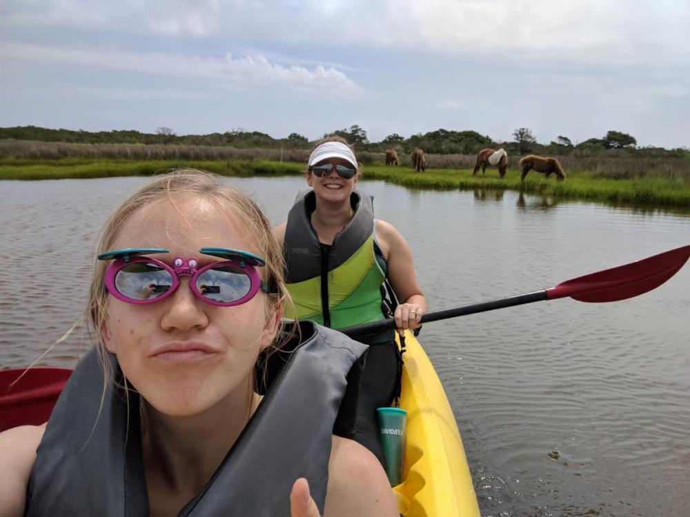 With Kristen at Assateague National Shore. I forgot to bring sunglasses but luckily they had this flattering pair of children's glasses at the tandem kayak rental.