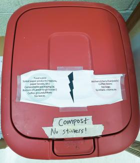 The UNC physics lounge composting bin. Photo courtesy of Corey Pahel-Short.